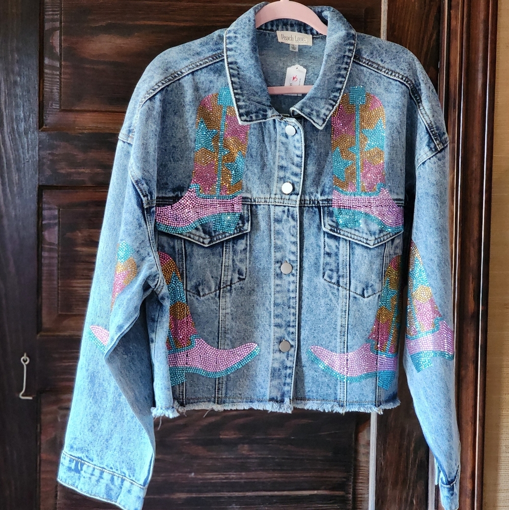 PEACH LOVE CALIFORNIA Oversized Denim Jacket Sequin Cowboy Boots - Picture 7 of 12